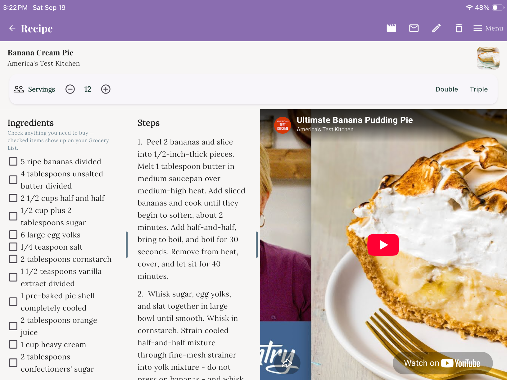 Actual Second Drawer Down tablet screenshot with ingredients, instructions and a Cook-Along video