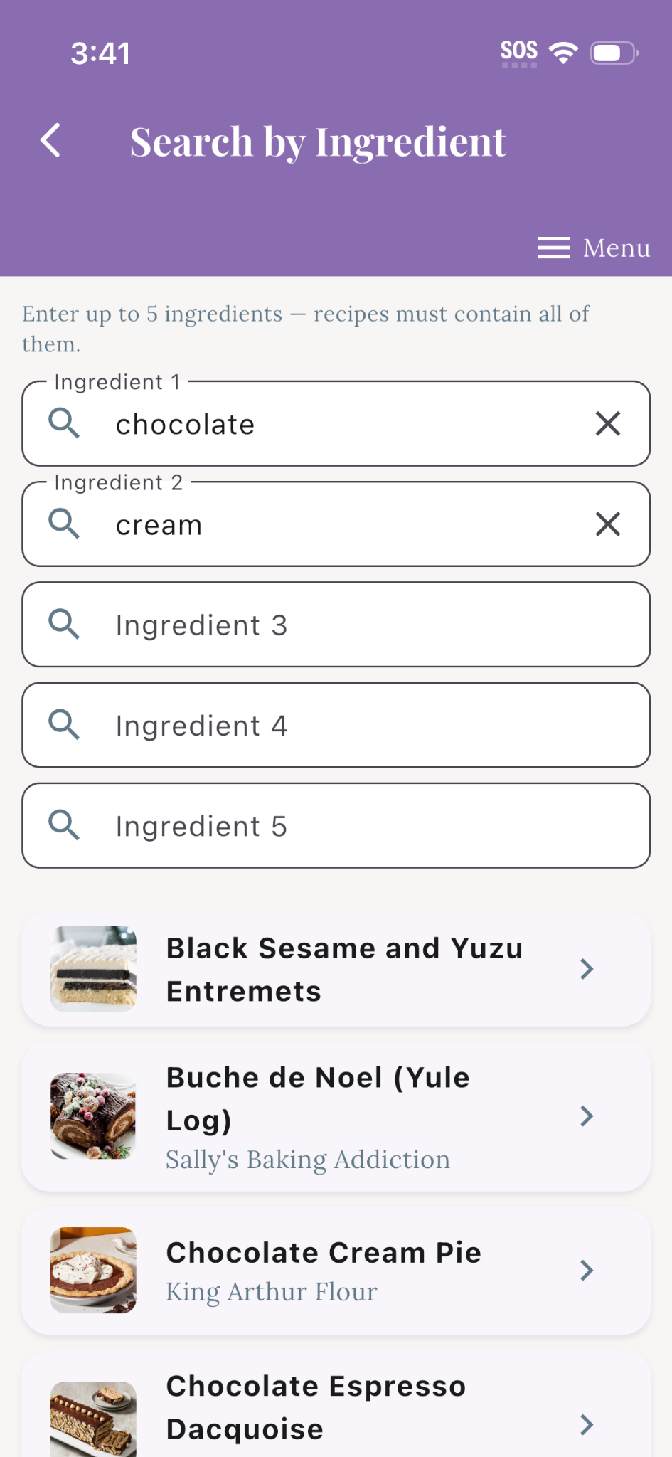 Find recipes using up to five ingredients