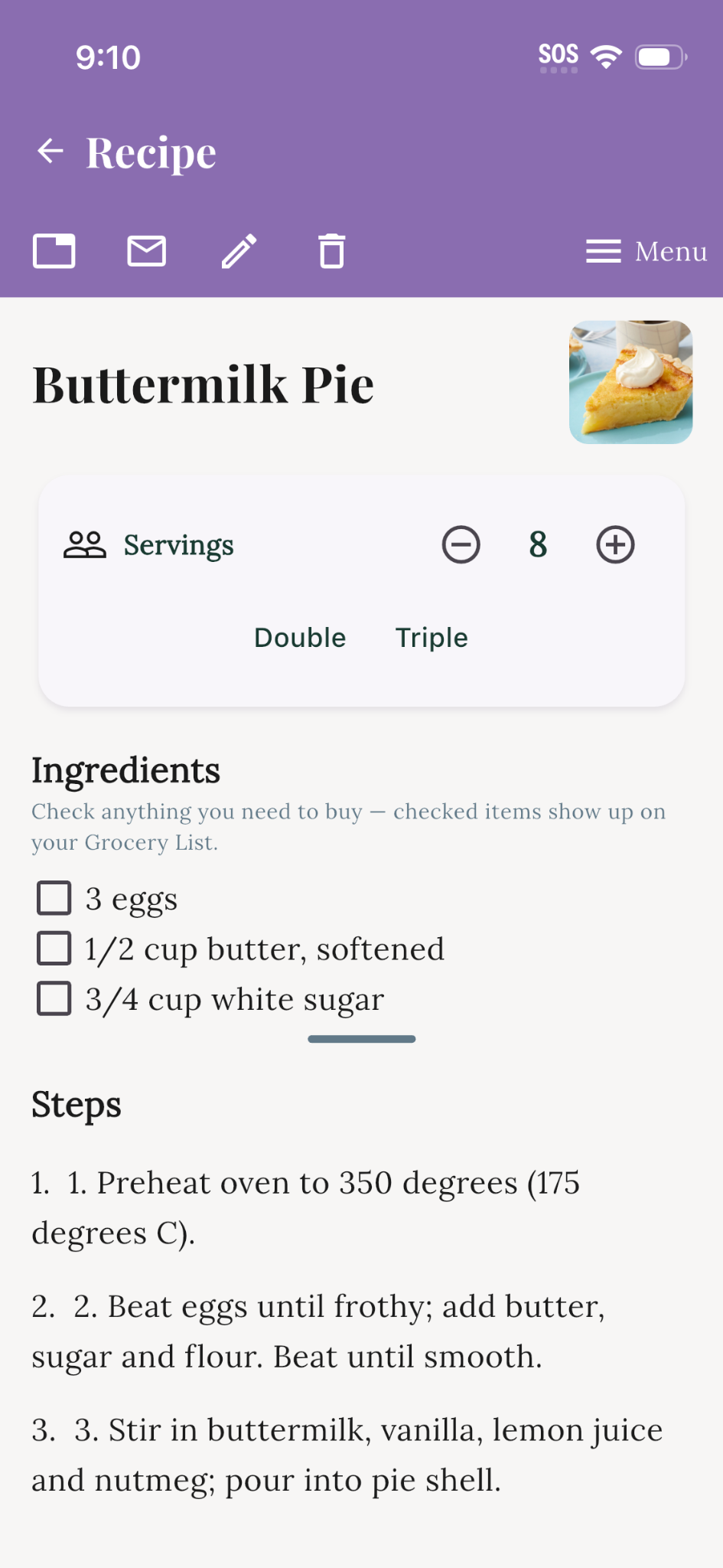 Recipe view with servings and ingredient checklist